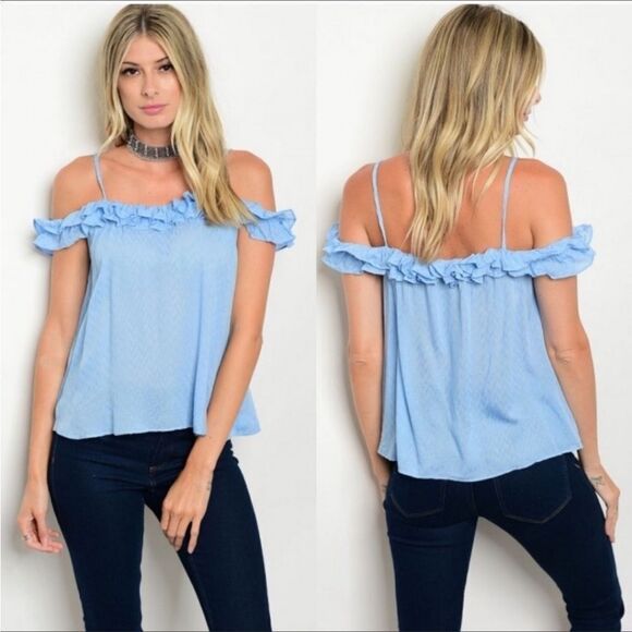 🎉Host Pick🎊 Blue Off Shoulder Top Shirt - Picture 1 of 3